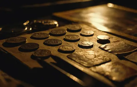 Antique coins in dramatic light