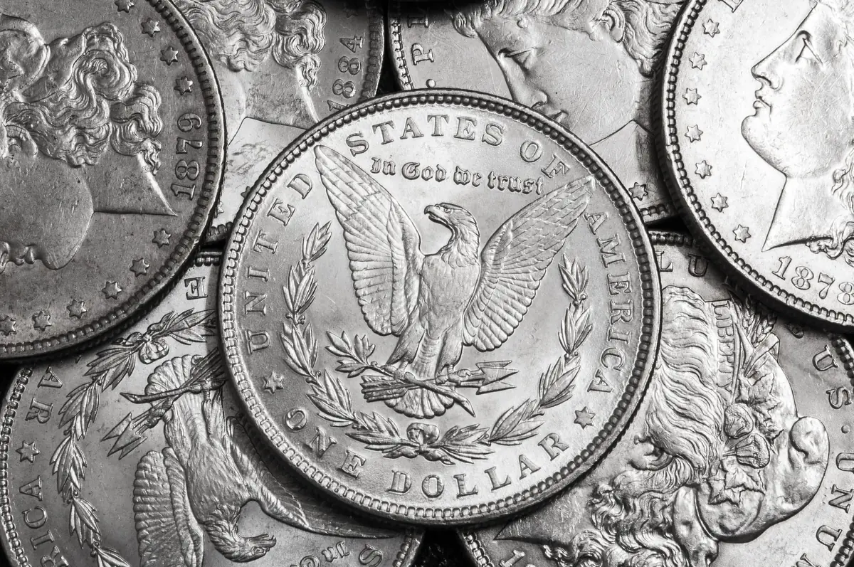 Silver bullion coins on grey